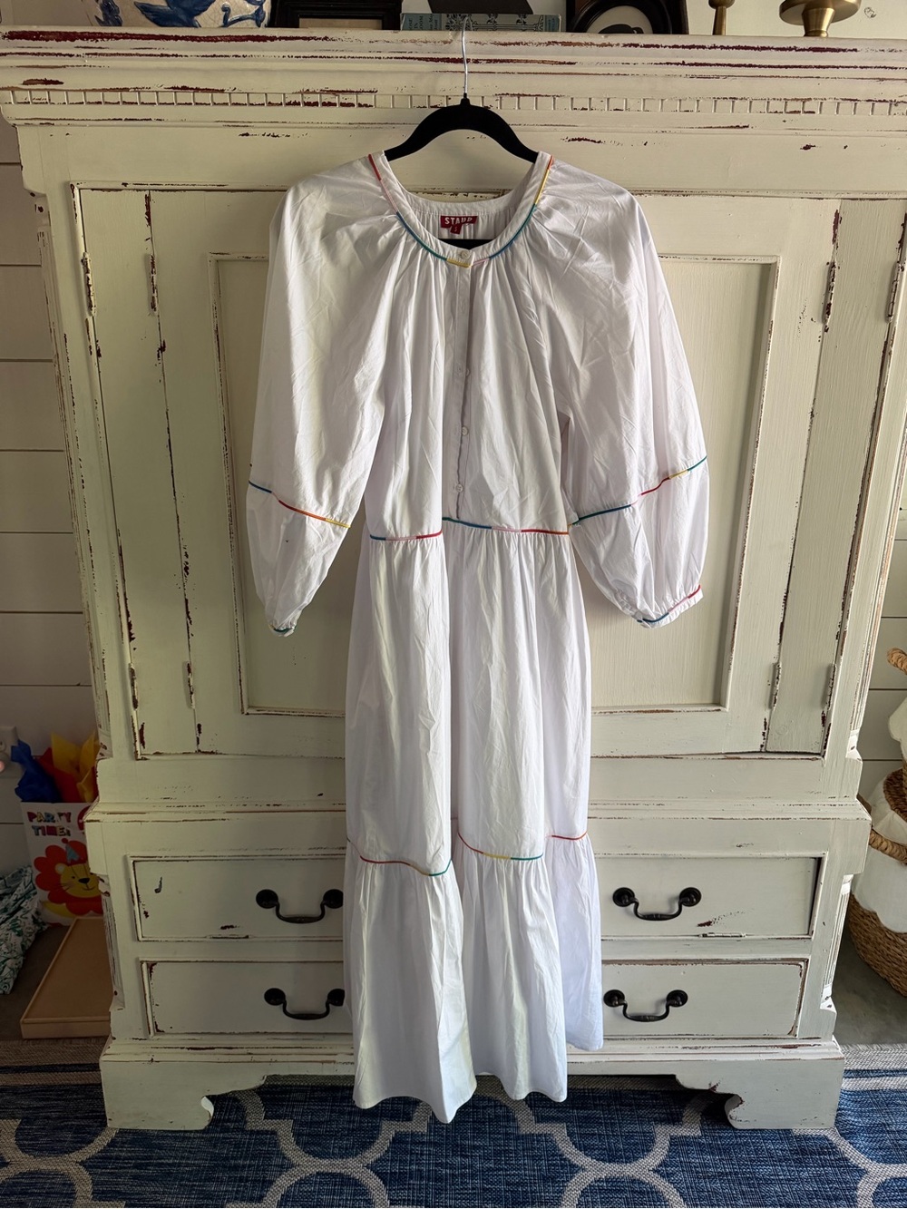 STAUD Tuckernuck Small White Dress with Multicolor Trim